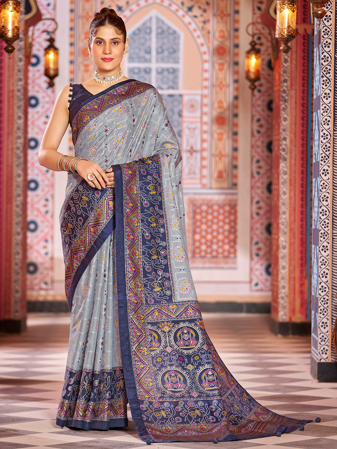 

Ekta Textiles Ethnic Motifs Printed Pure Silk Banarasi Saree, Blue
