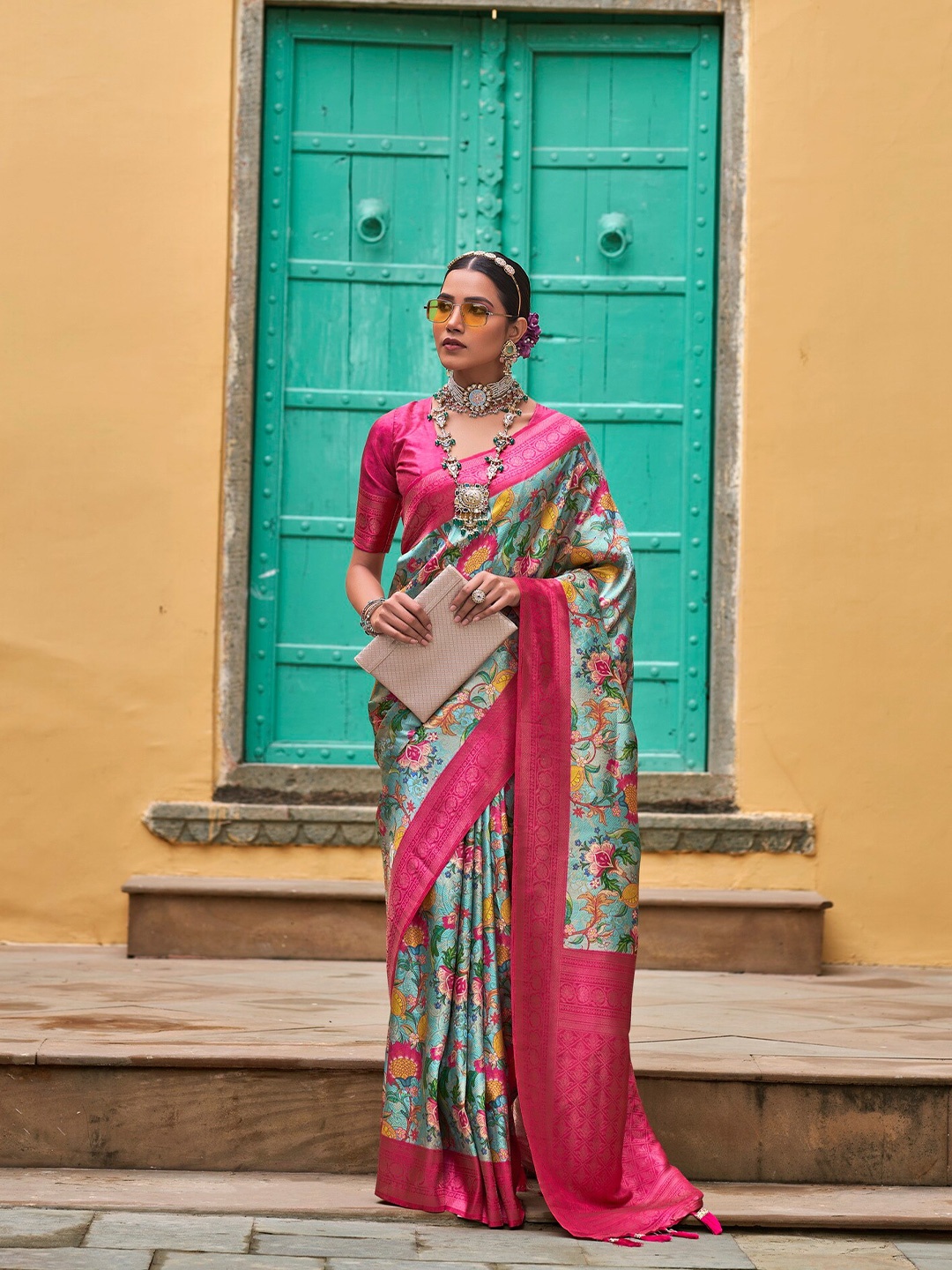 

Ekta Textiles Floral Printed Zari Pure Silk Banarasi Saree, Turquoise blue