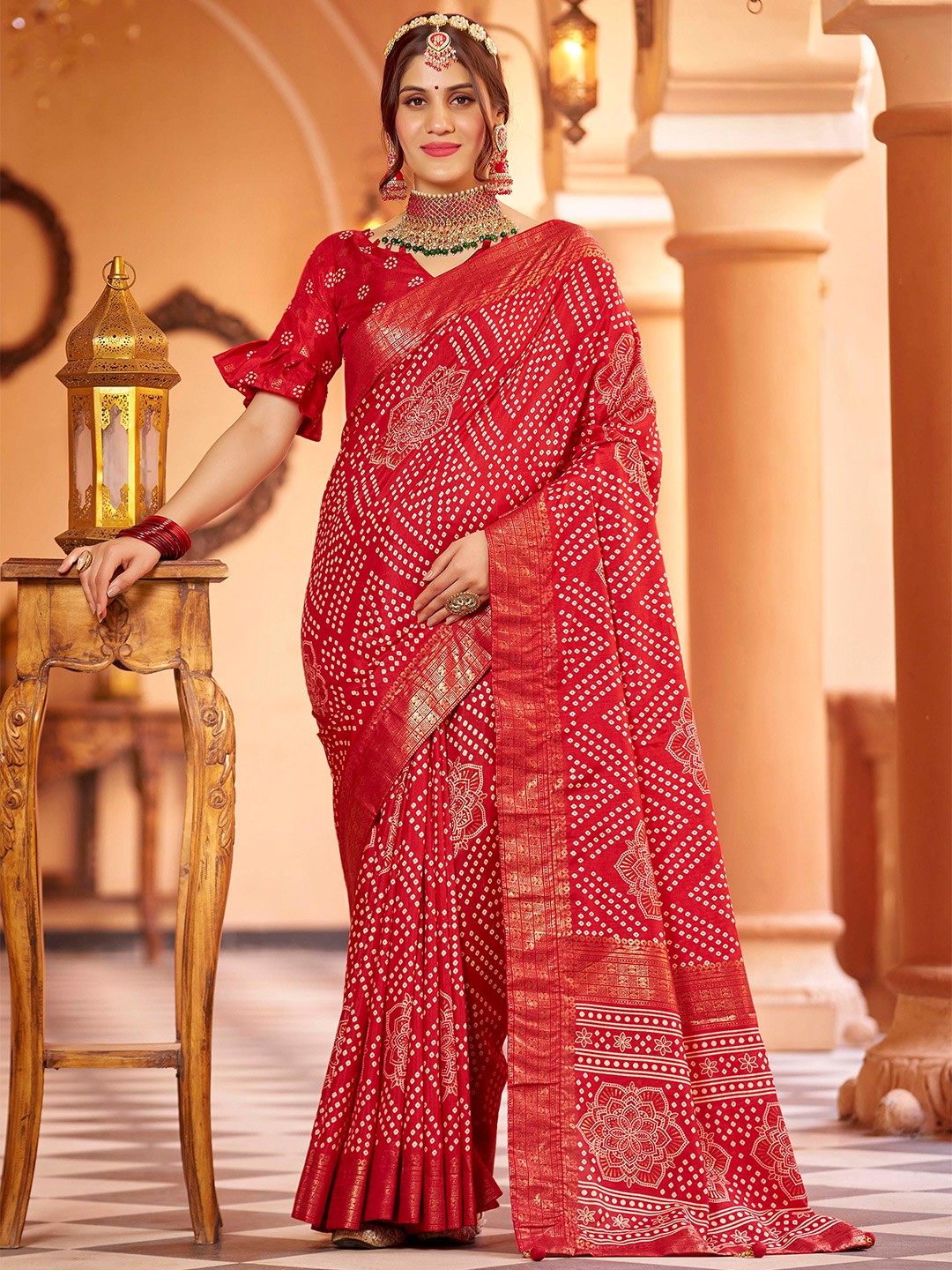 

Ekta Textiles Printed Zari Pure Silk Bandhani Saree, Red