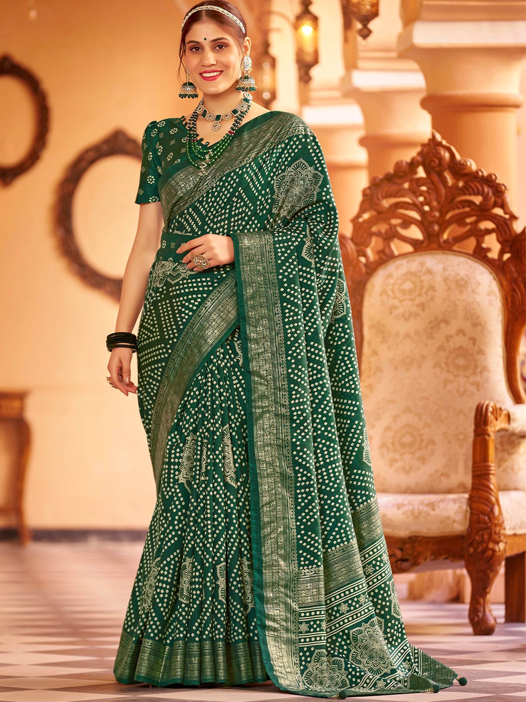 

Ekta Textiles Printed Zari Pure Silk Bandhani Saree, Green