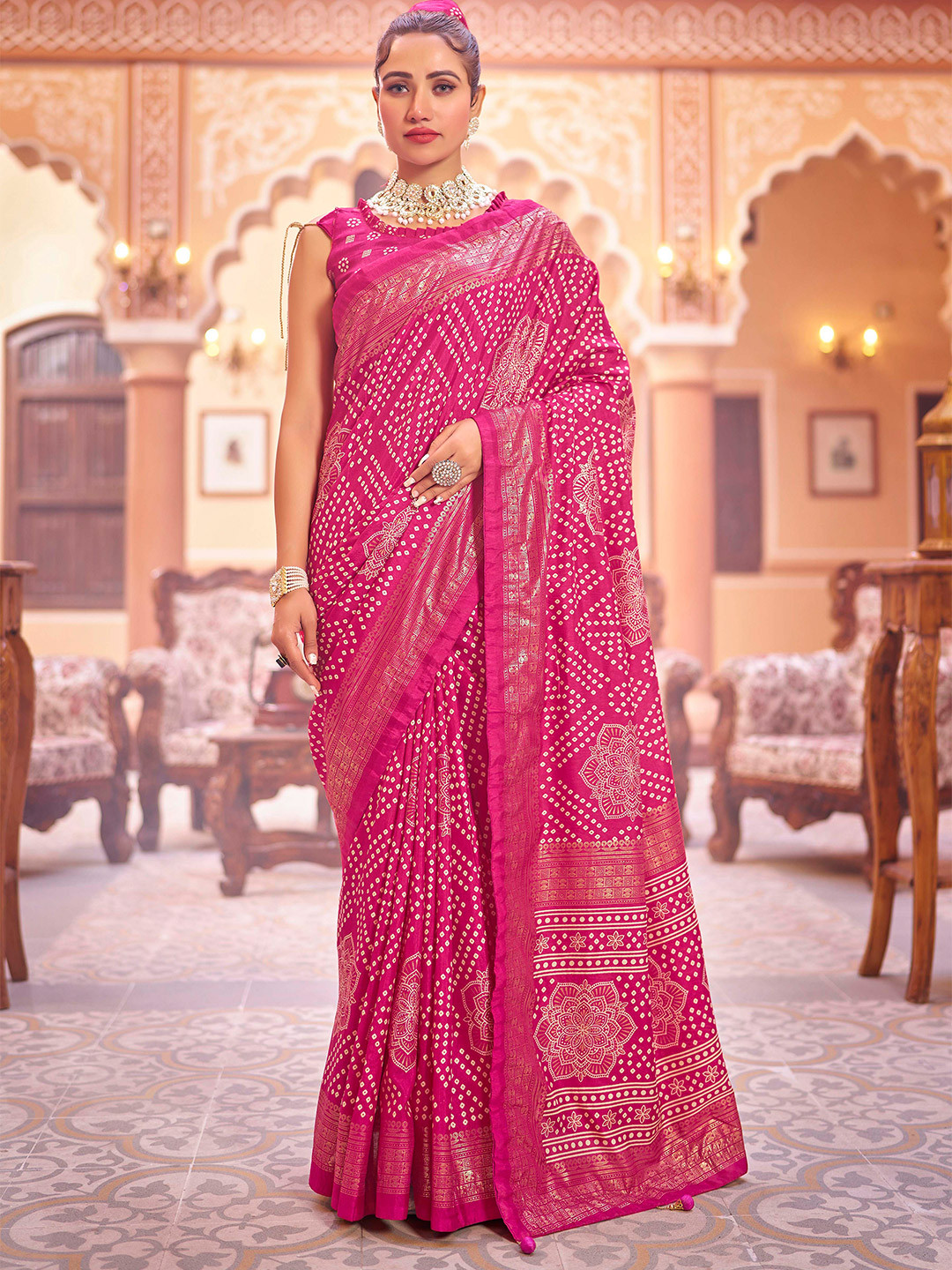 

Ekta Textiles Bandhani Pure Silk Bandhani Saree, Pink