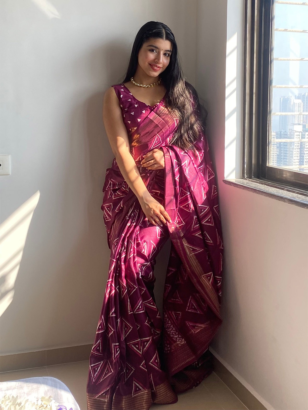 

Mitera Geometric Zari Block Print Saree, Magenta
