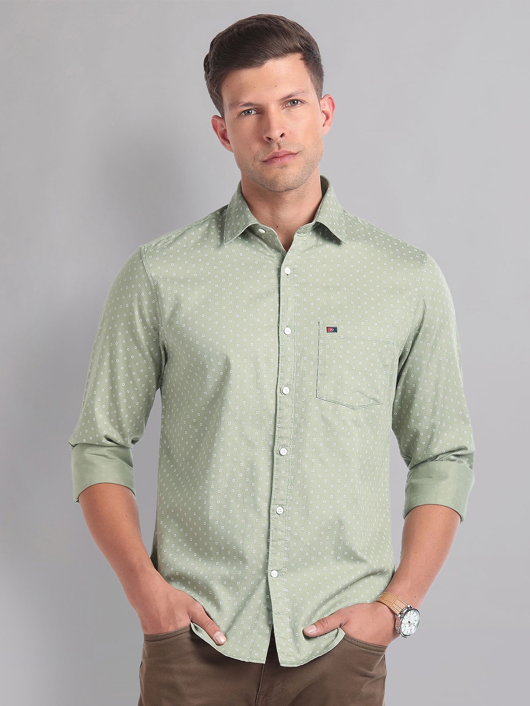 

AD By Arvind Slim Fit Micro Disty Printed Pure Cotton Casual Shirt, Green