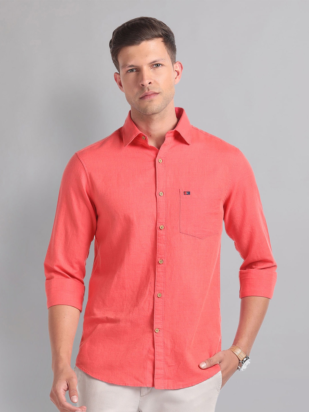 

AD By Arvind Cotton Linen Slim Shirt, Coral