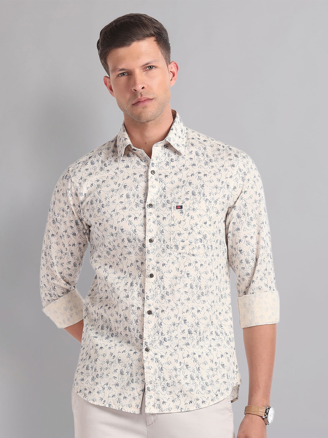 

AD By Arvind Slim Fit Floral Printed Cotton Linen Casual Shirt, Beige