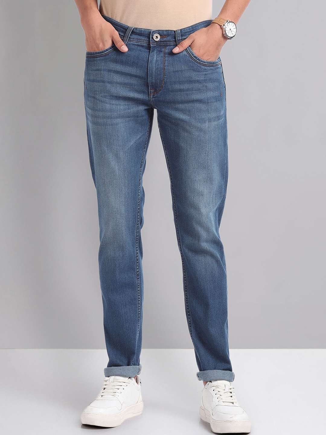 

AD By Arvind Men Slim Fit Mid-Rise Heavy Fade Clean Look Stretchable Jeans, Blue