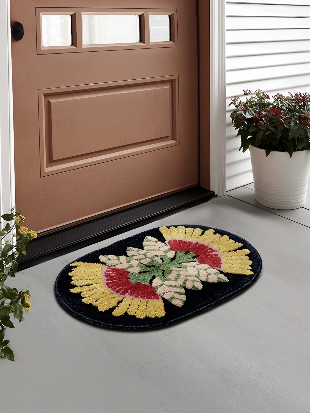 

FABINALIV Men Black & Yellow Abstract Anti Skid Doormats