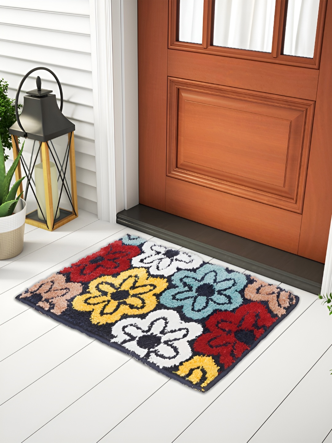 FABINALIV Black & Yellow Floral Anti Skid Doormat
