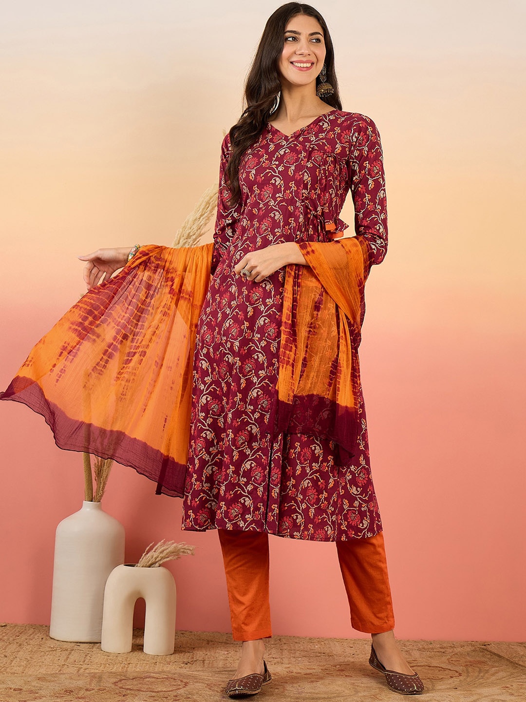 

Vastramyaa Floral Printed Angrakha Pure Cotton A-Line Kurta & Trousers With Dupatta, Maroon