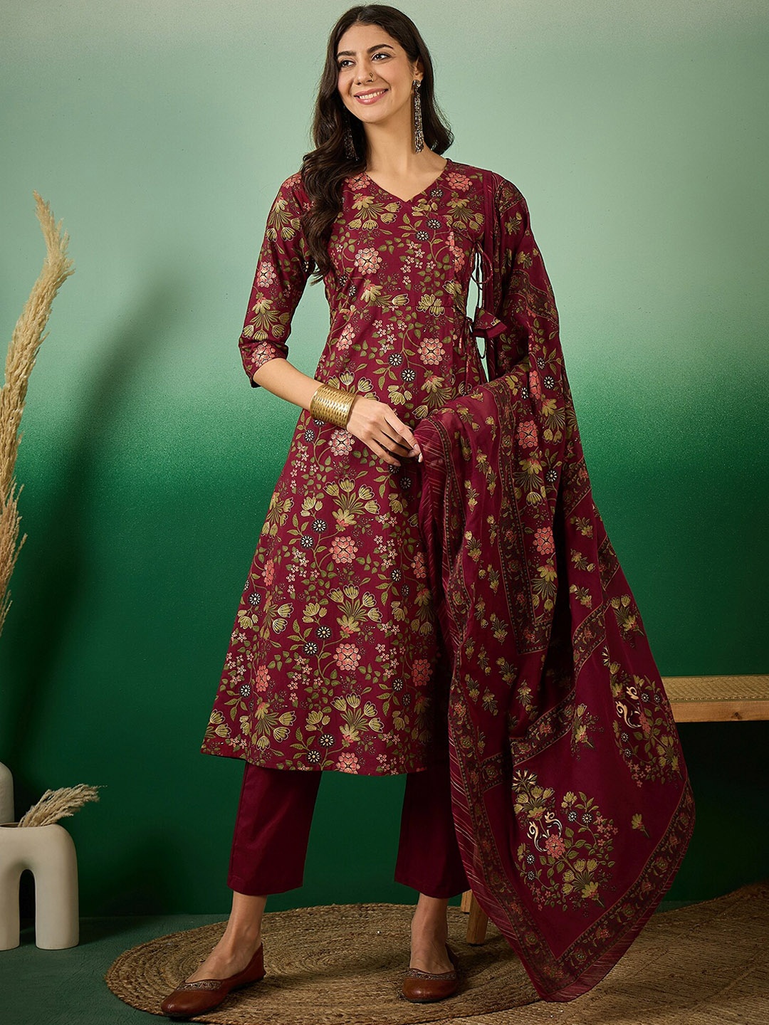 

Vastramyaa Floral Printed Angrakha Pure Cotton A-Line Kurta & Trousers With Dupatta, Maroon