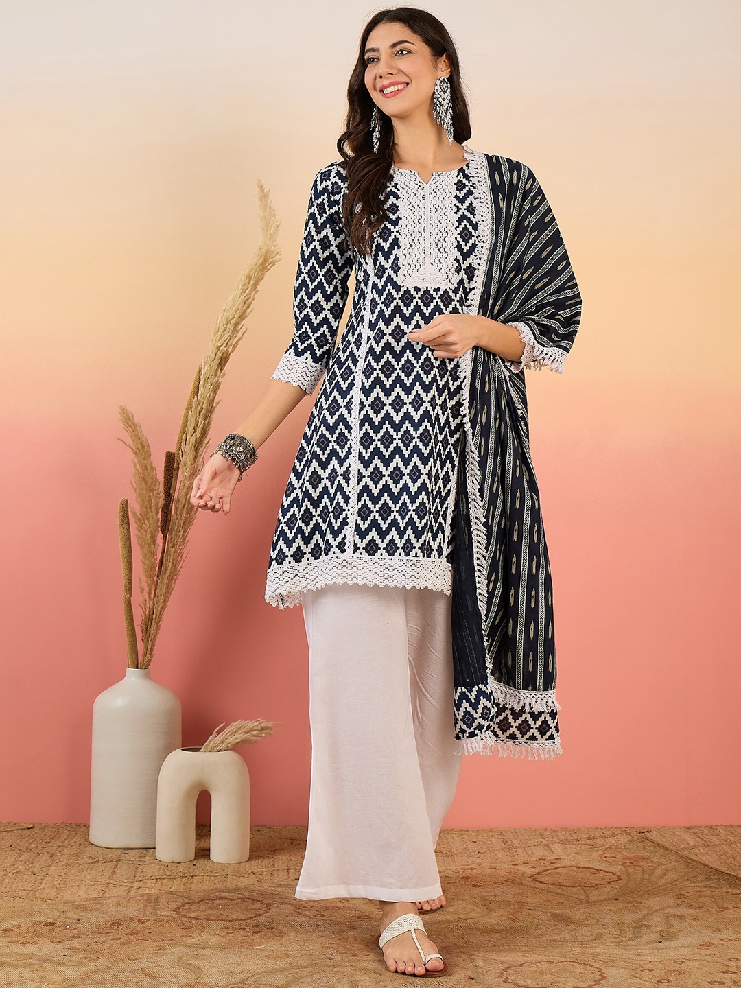 

Vastramyaa Geometic Printed Pure Cotton A-Line Kurta & Palazzos With Dupatta, Navy blue