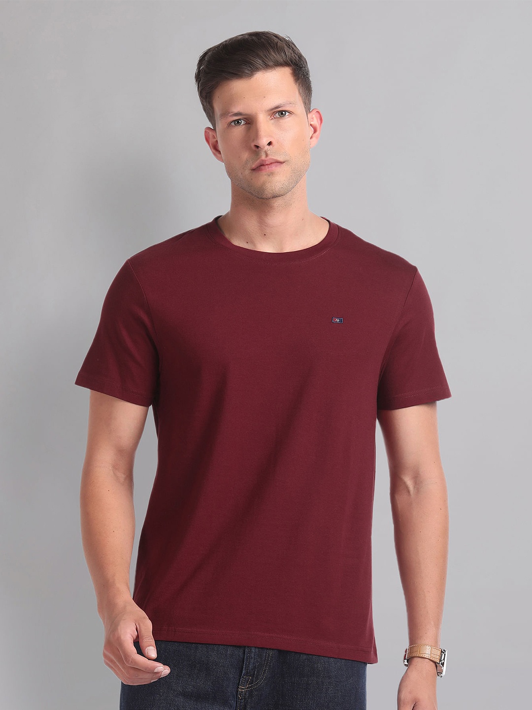 

AD By Arvind Slim Fit Round Neck Pure Cotton T-shirt, Maroon