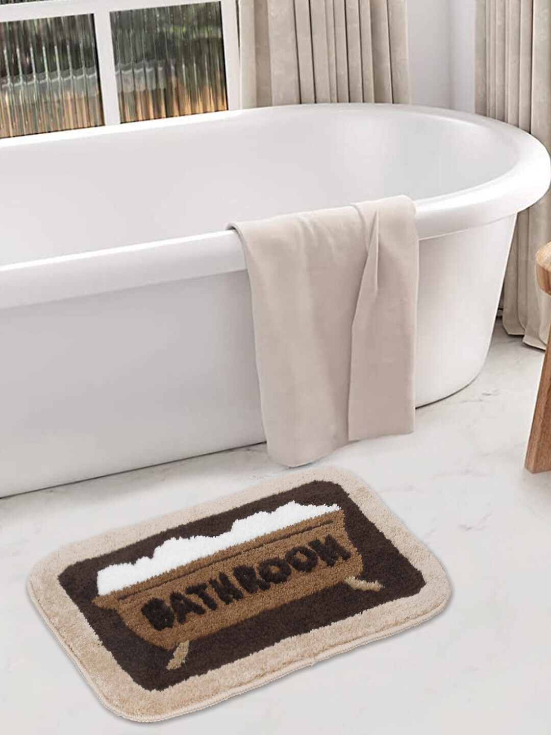 

FABINALIV Brown & Beige Abstract Anti Skid 1600 GSM Bath Rug