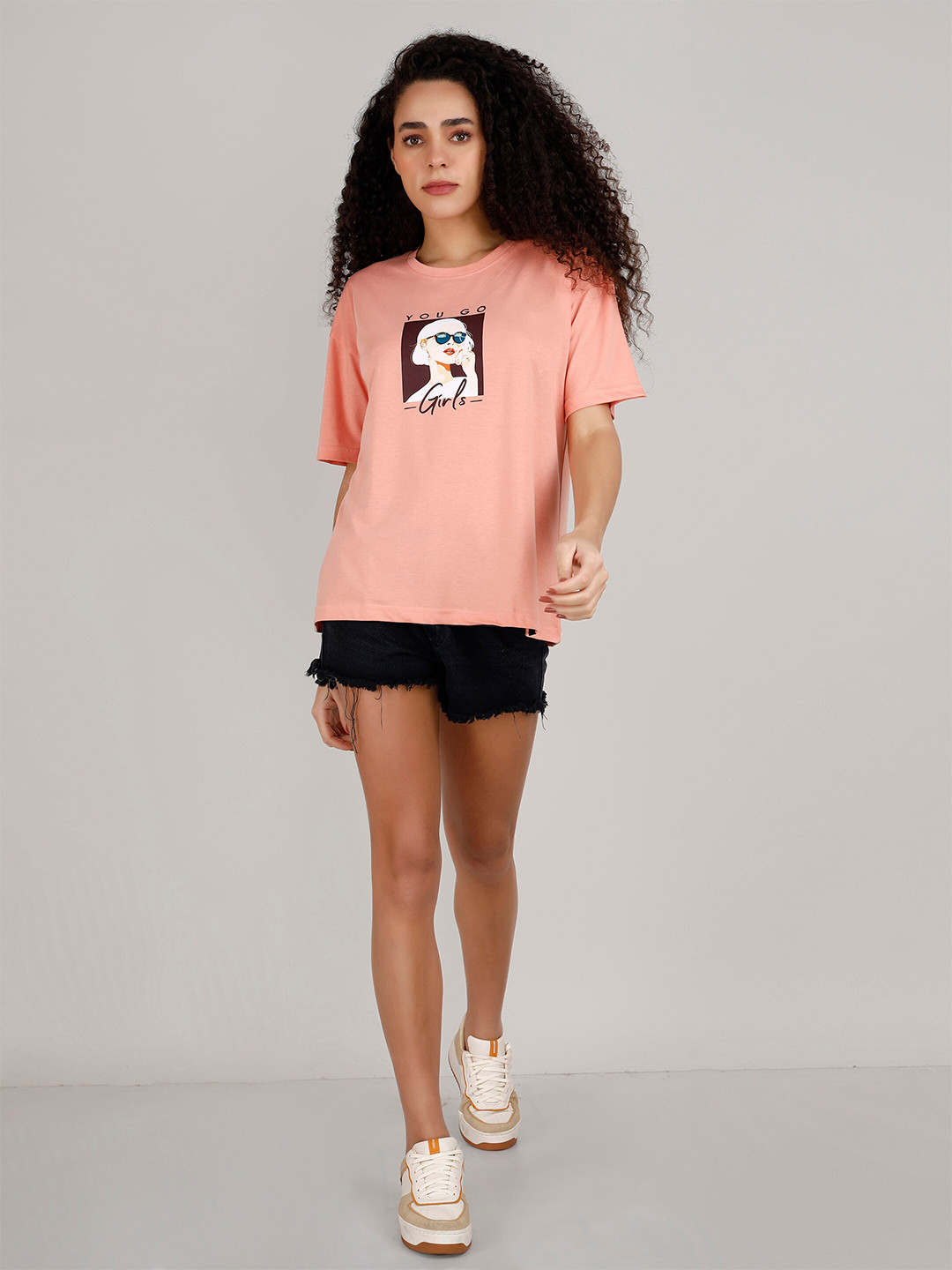 

VISO Graphic Printed Drop-Shoulder Sleeves Cotton Oversized T-shirt, Pink