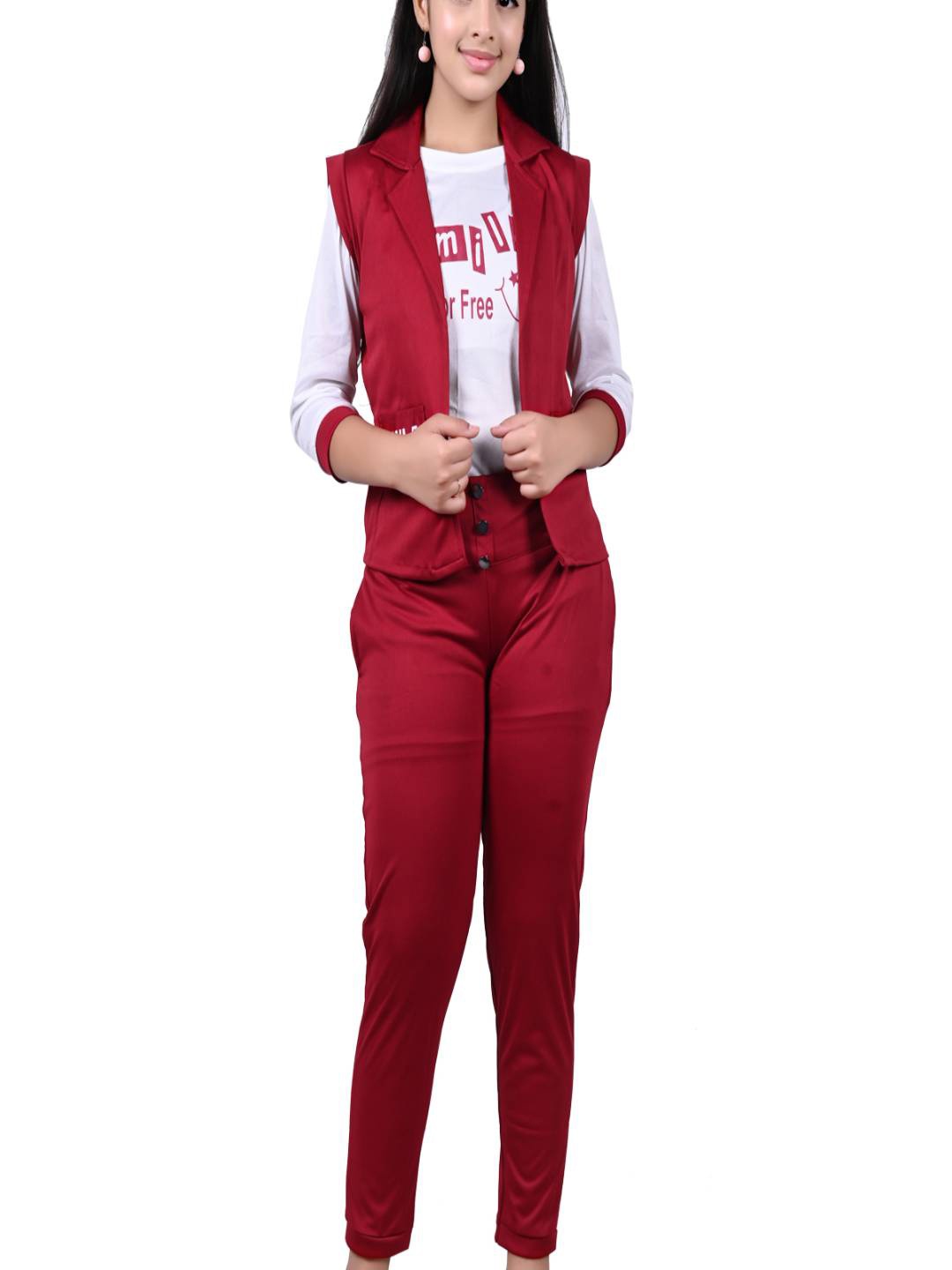 

BAESD Girls Typography Printed T-shirt With Trouser & Shrug, Maroon