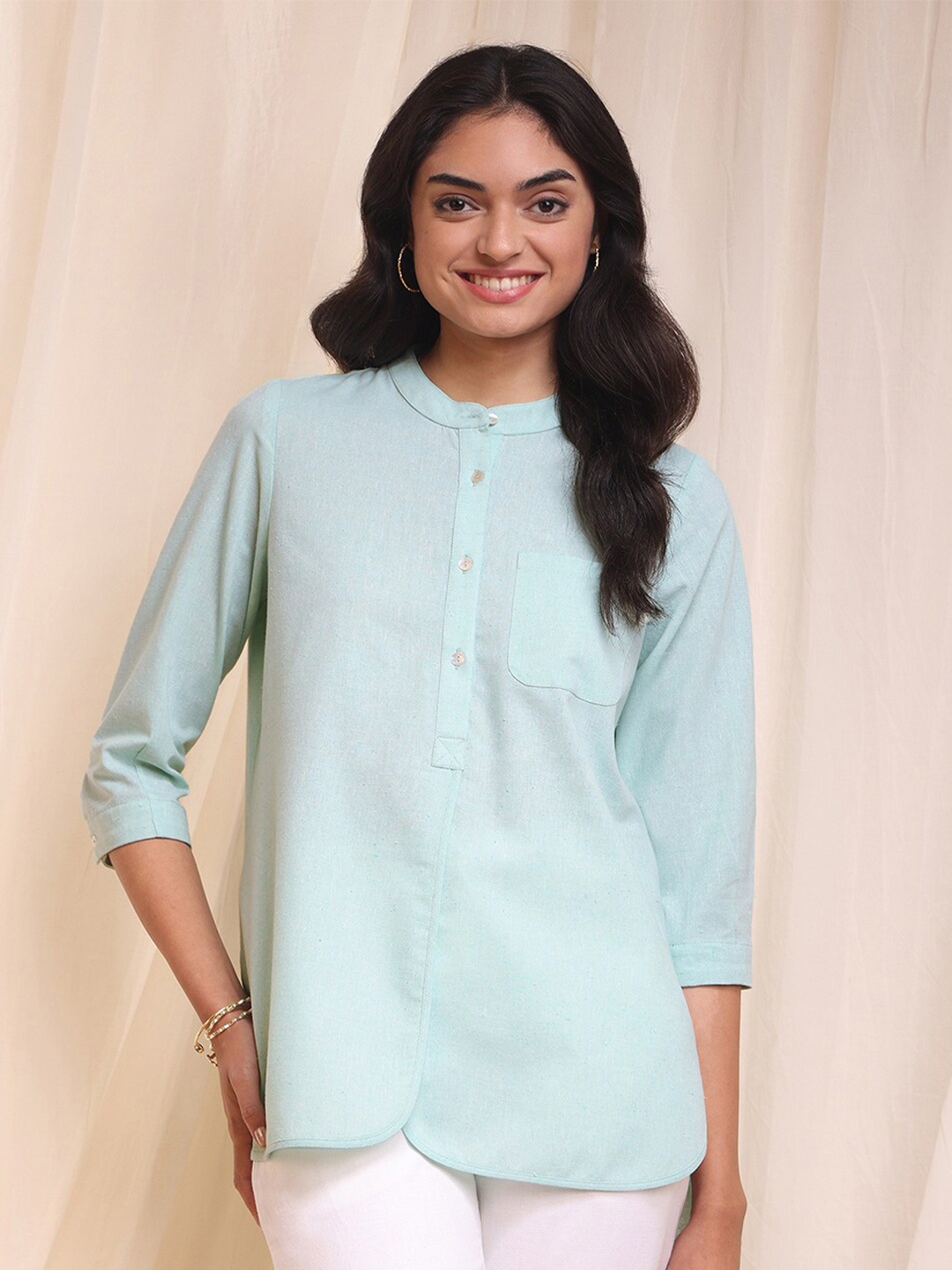 

Pink Fort Mandarin Collar Cotton Shirt Style Top, Green