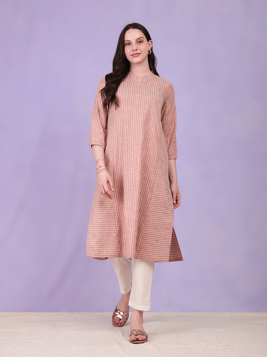 

Pink Fort Striped Printed Notch Neck Cotton Panelled A-Line Kurta, Red