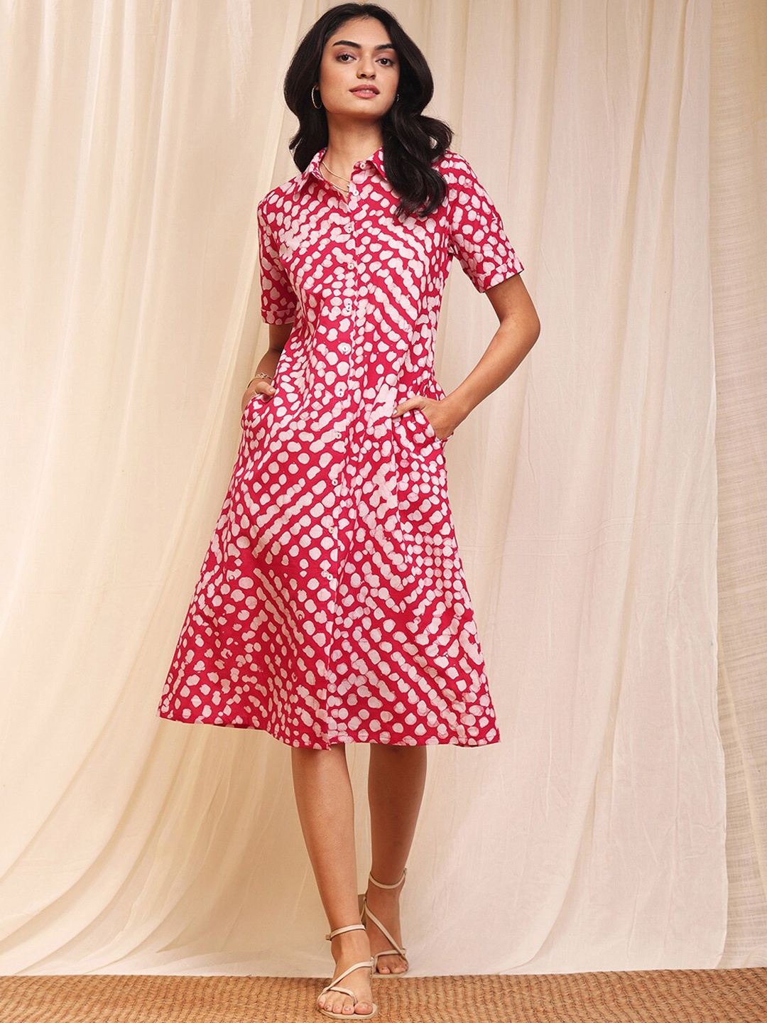 

Pink Fort Geometric Printed Shirt Collar Cotton Shirt Dress, Red