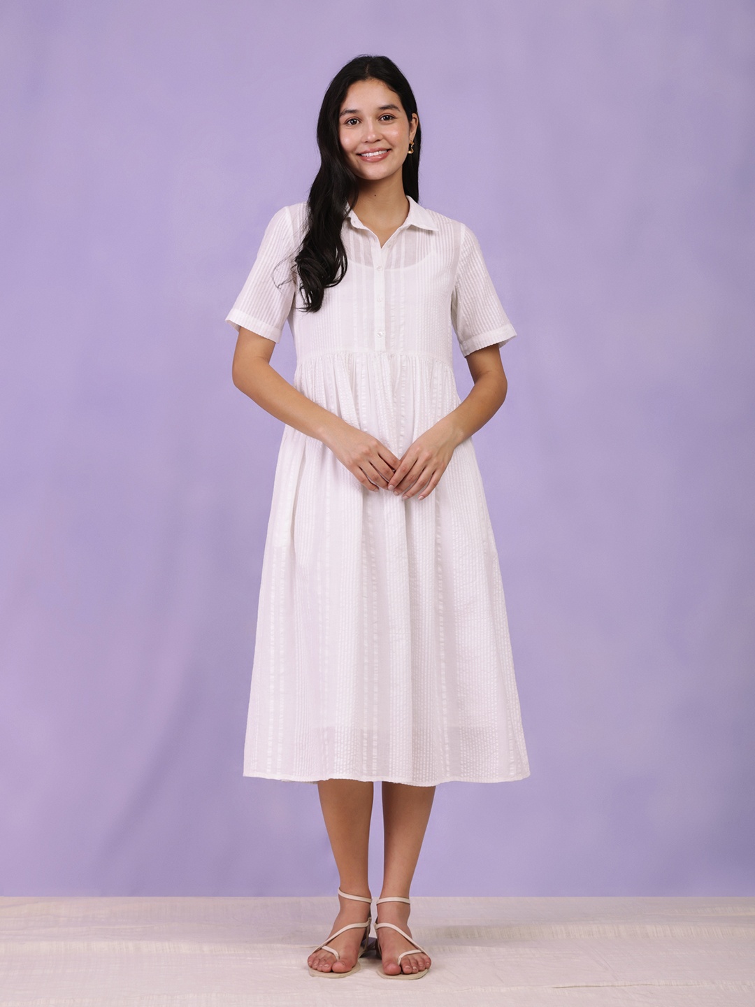 

Pink Fort Striped Cotton A-Line Ethnic Dress, White