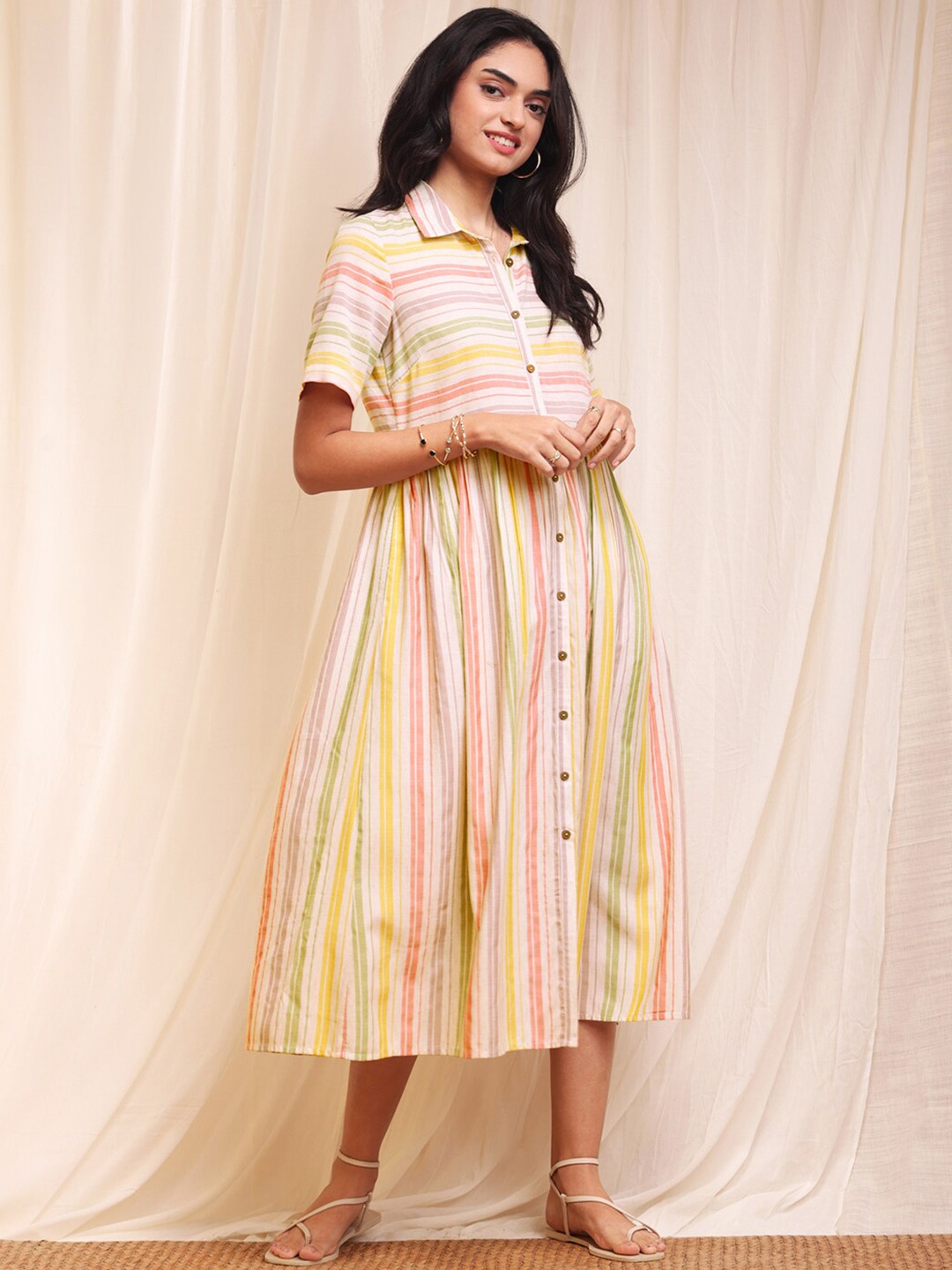 

Pink Fort Striped Shirt Collar Neck A-Line Dress, Yellow