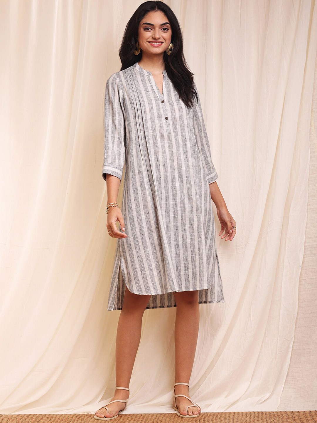 

Pink Fort Striped Pintuck Cotton Shirt Dress, Grey