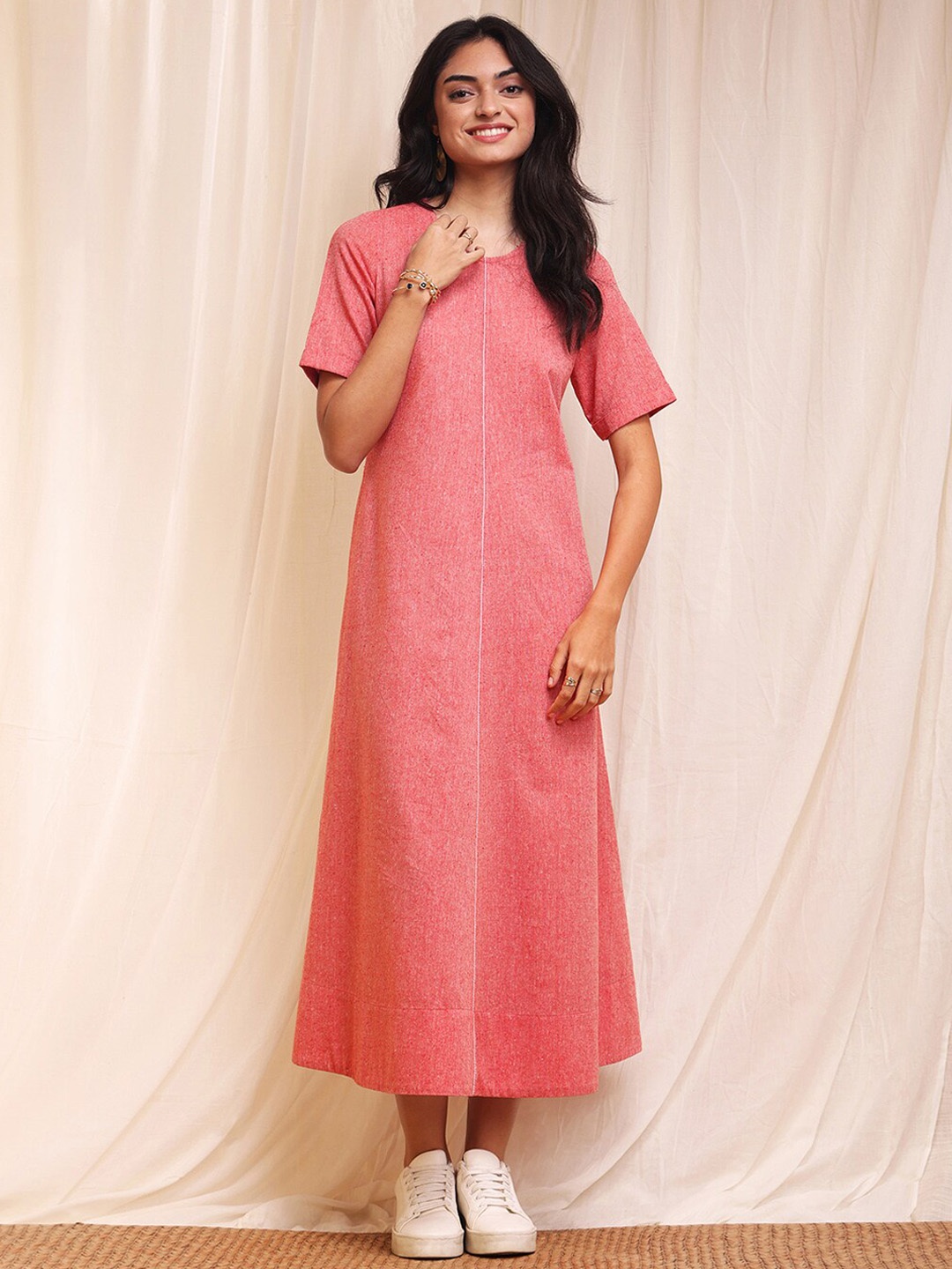 

Pink Fort Cotton Chambray A-Line Midi Dress, Red