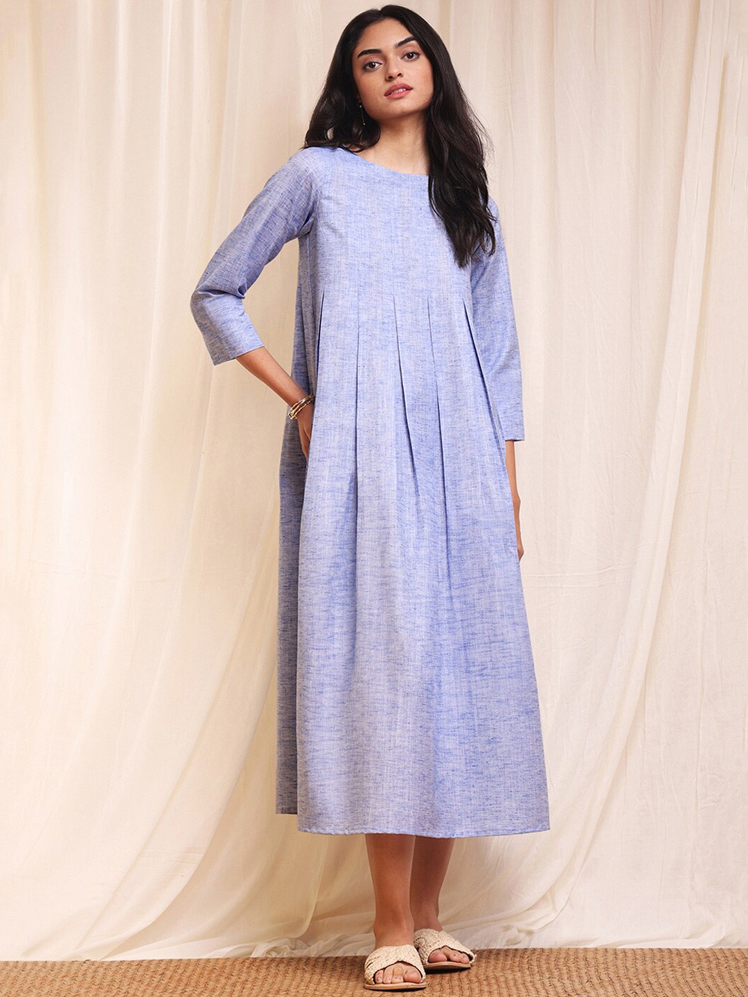 

Pink Fort Cotton Chambray A-Line Midi Dress, Blue