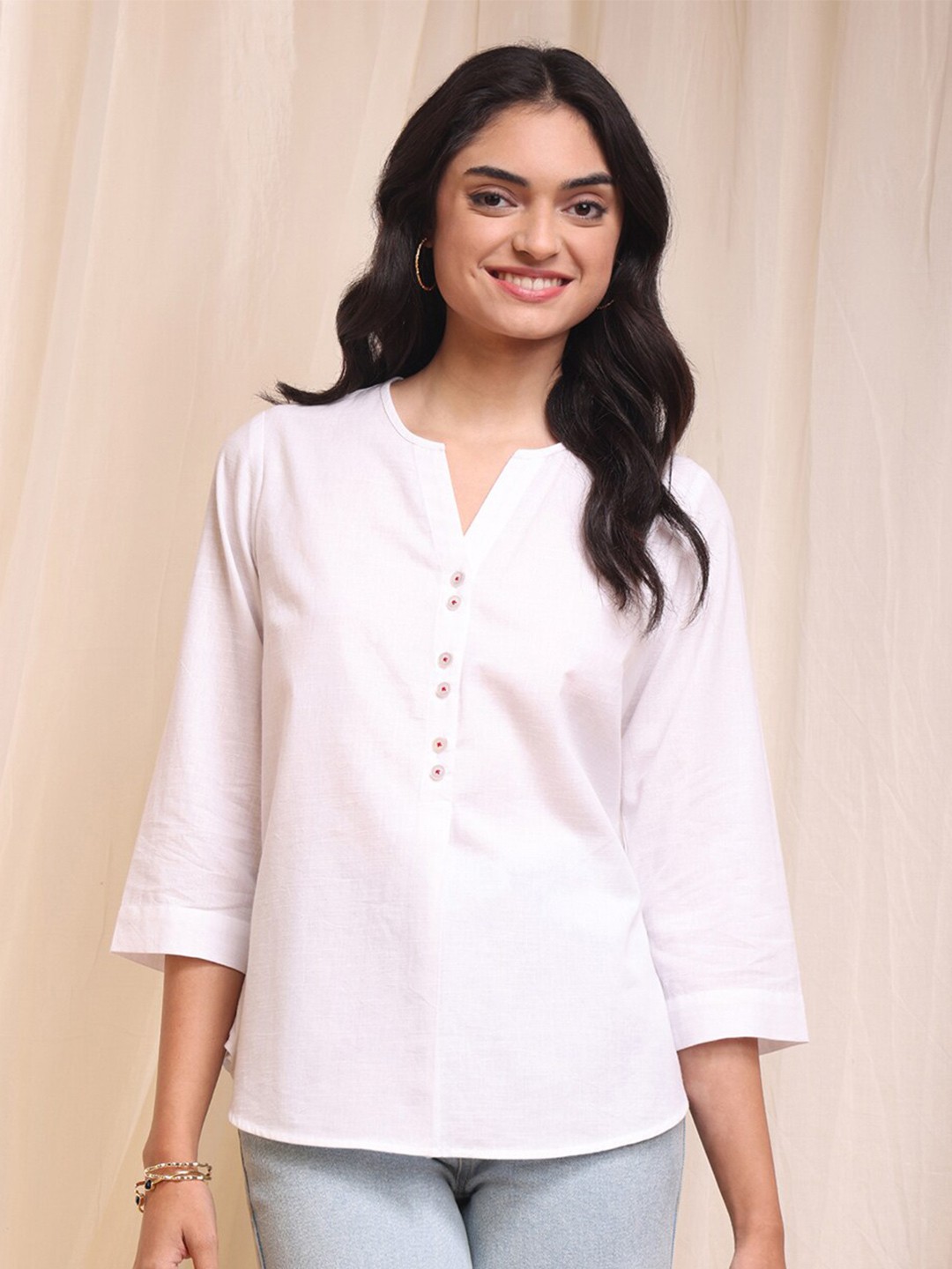 

Pink Fort Notch Neck Cotton Shirt Style Top, White