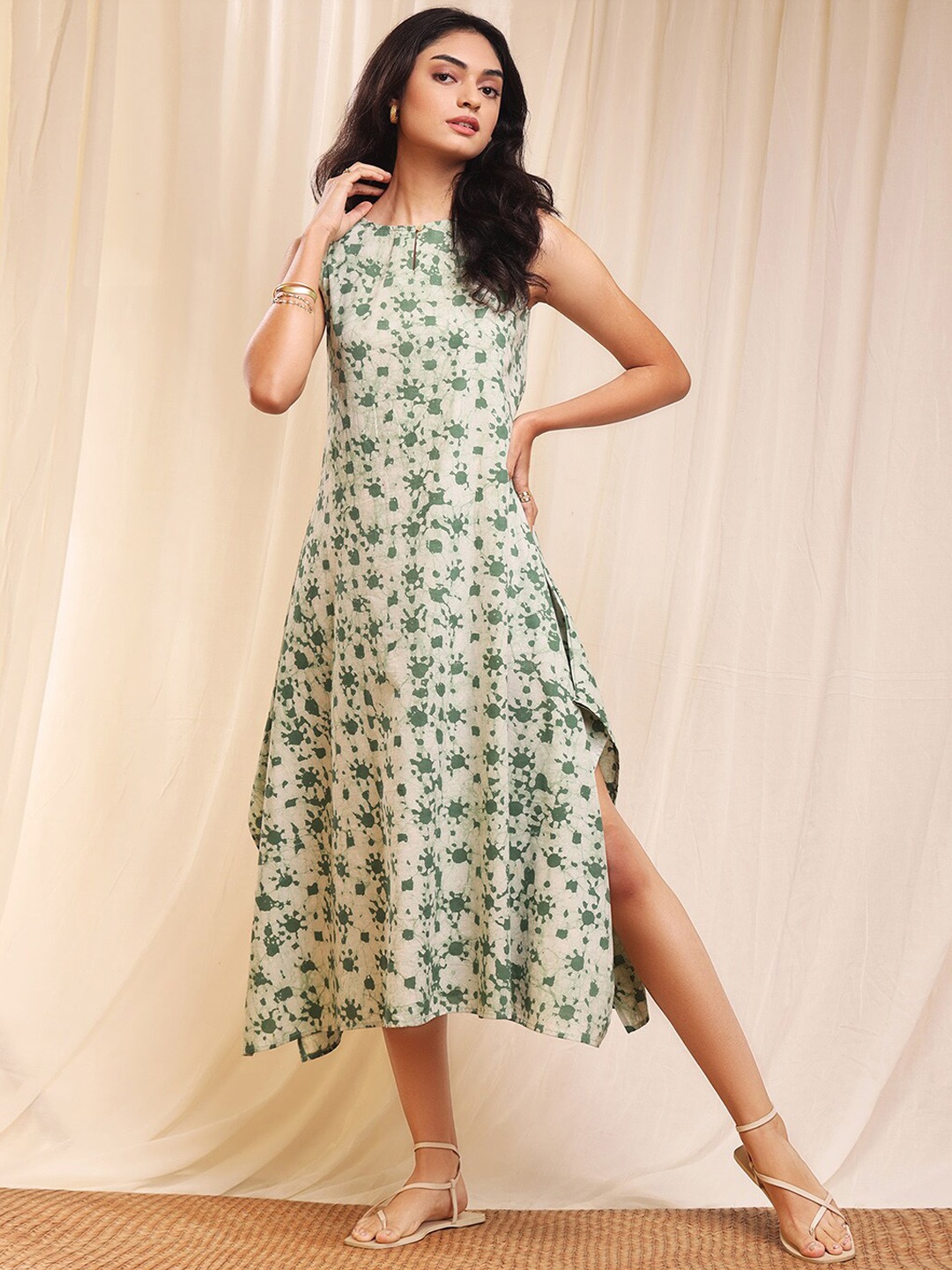 

Pink Fort Dabu Print Cotton A-Line Midi Dress, Green
