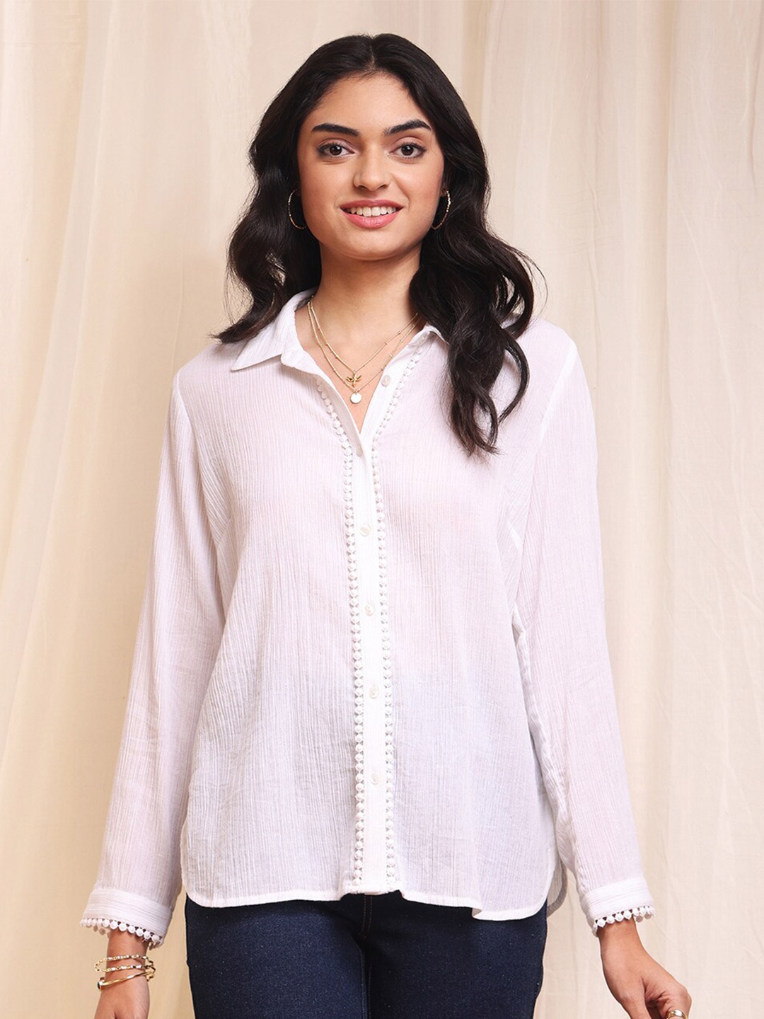 

Pink Fort Cotton Shirt Style Top, White