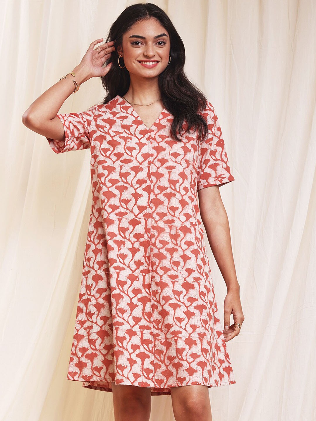 

Pink Fort Floral Printed Cotton A-Line Ethnic Dress, Orange