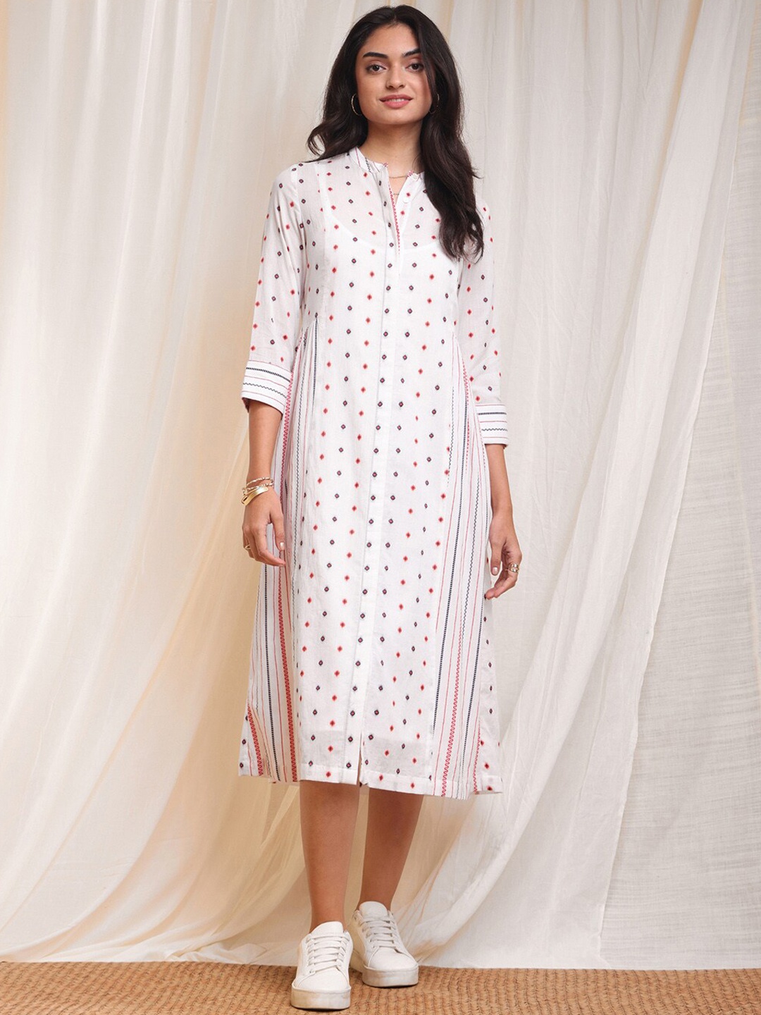 

Pink Fort Ethnic Motifs Printed Band Collar Cotton A-Line Midi Dress, White
