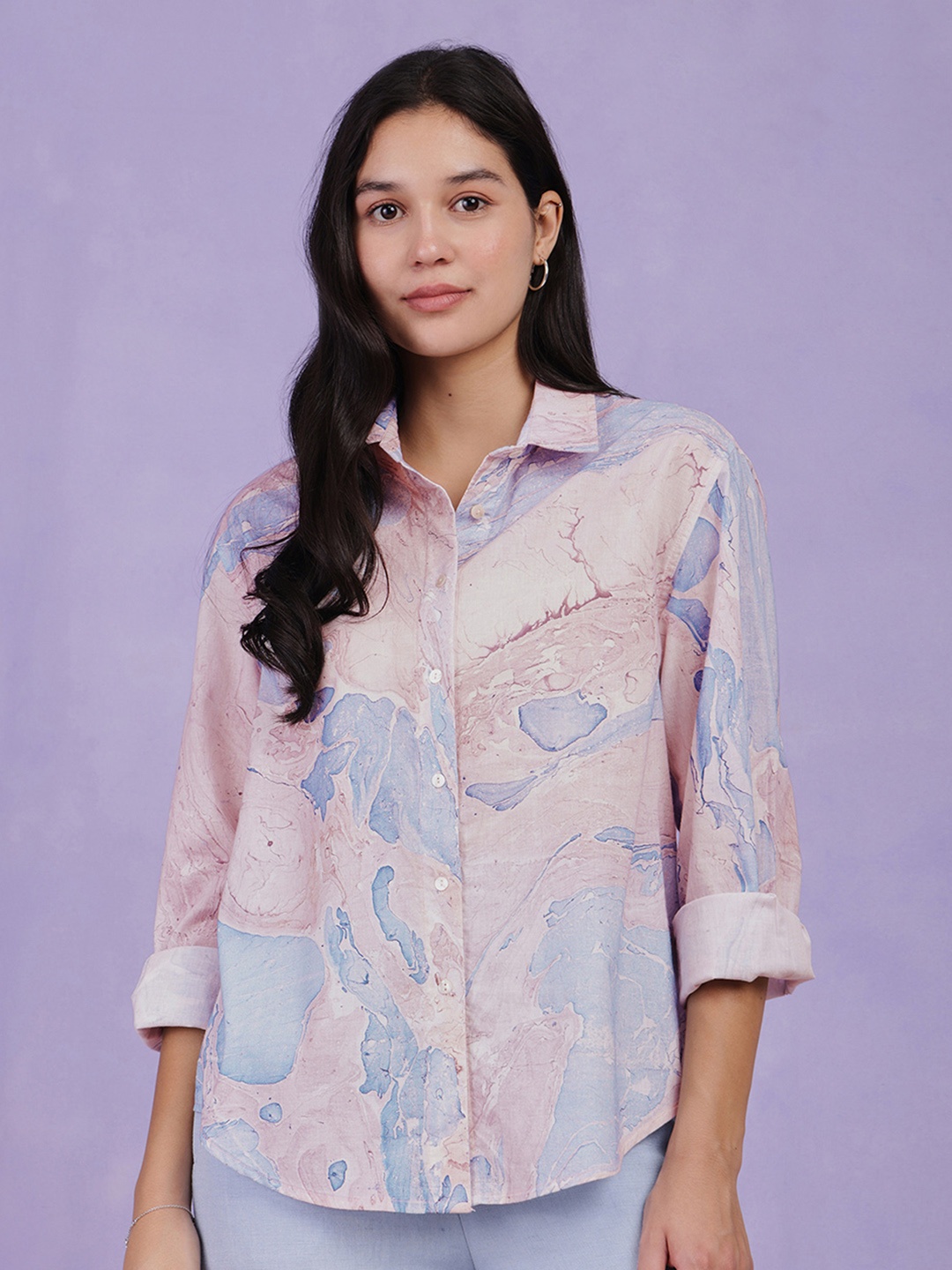 

Pink Fort Abstract Printed Cotton Shirt Style Top