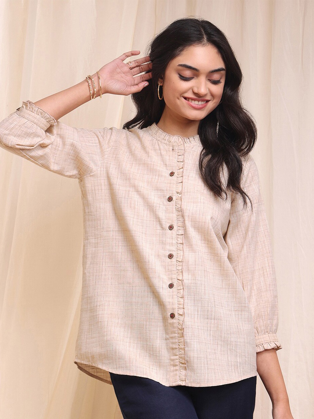 

Pink Fort Mandarin Collar Ruffles Cotton Top, Beige