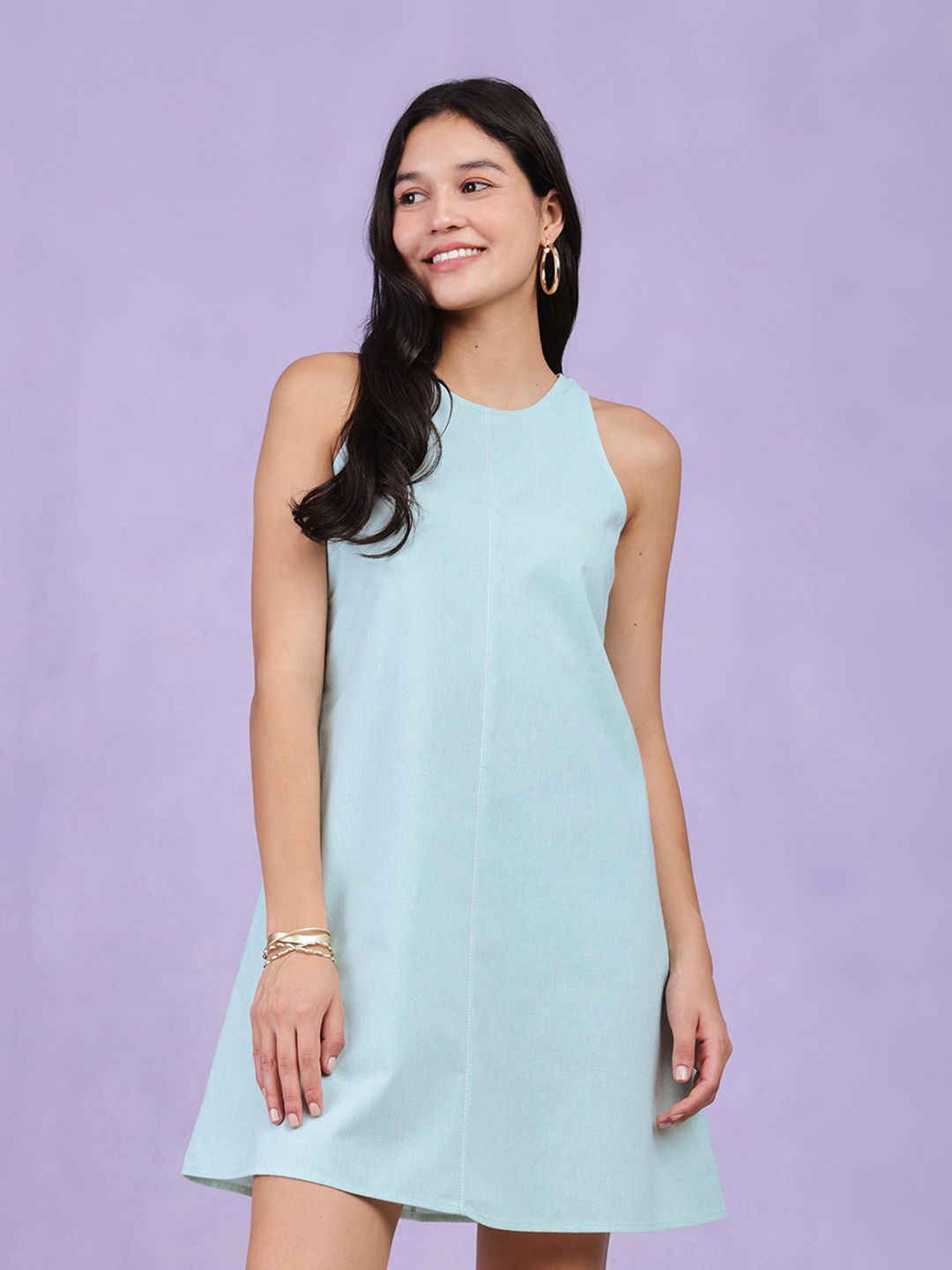 

Pink Fort Cotton Chambray Sleeveless A-Line Dress, Sea green