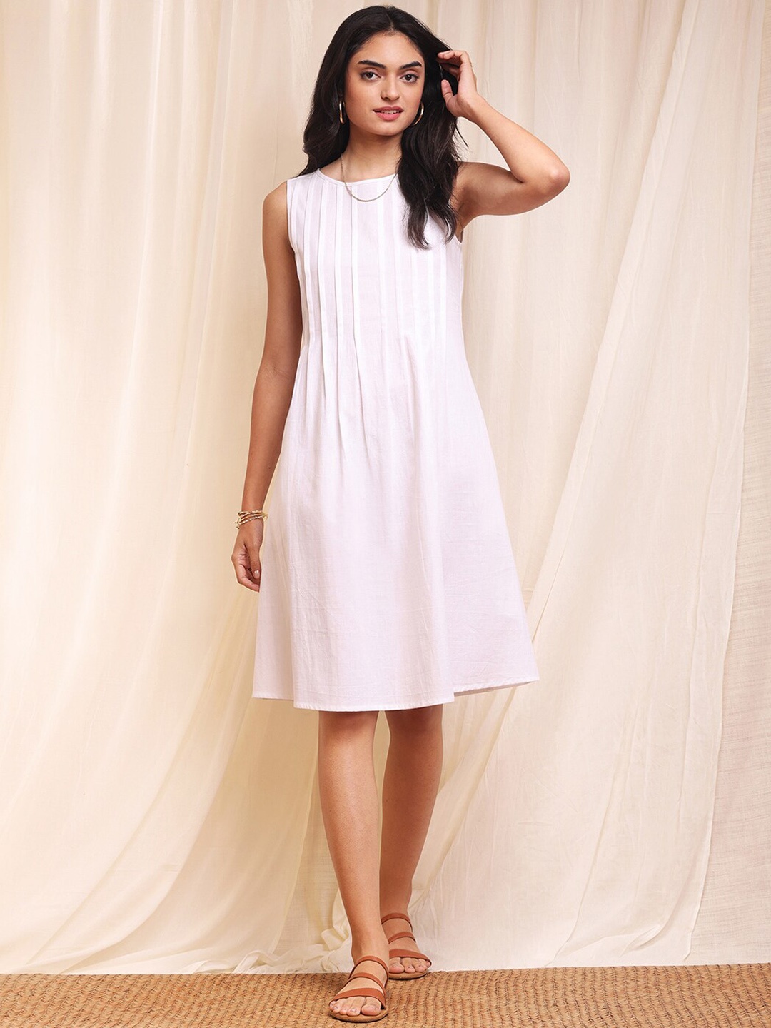 

Pink Fort Sleeveless Pure Cotton A-Line Dress, White