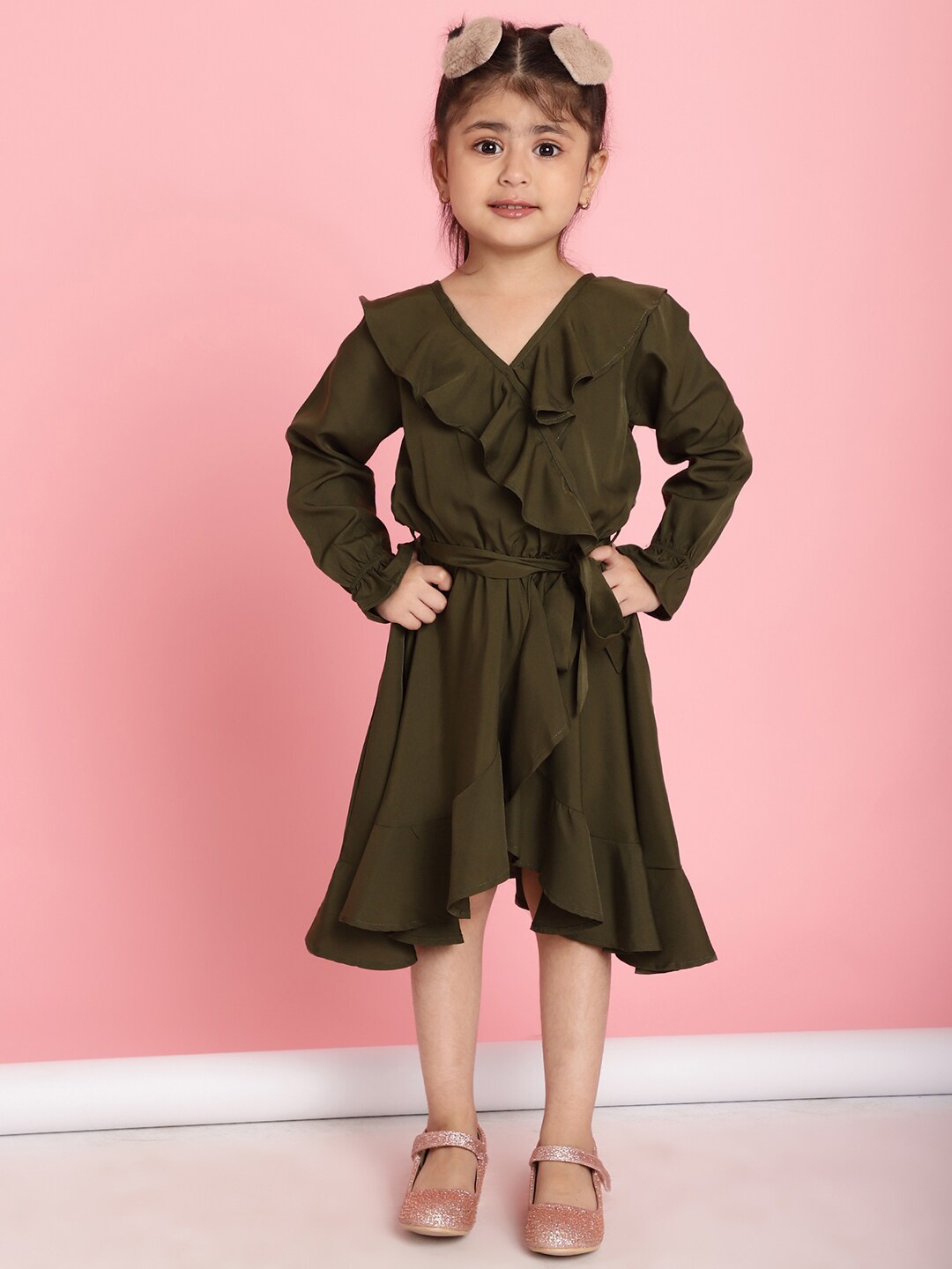 

MINI & MING Girls V-Neck Ruffled Crepe Midi Dress, Olive