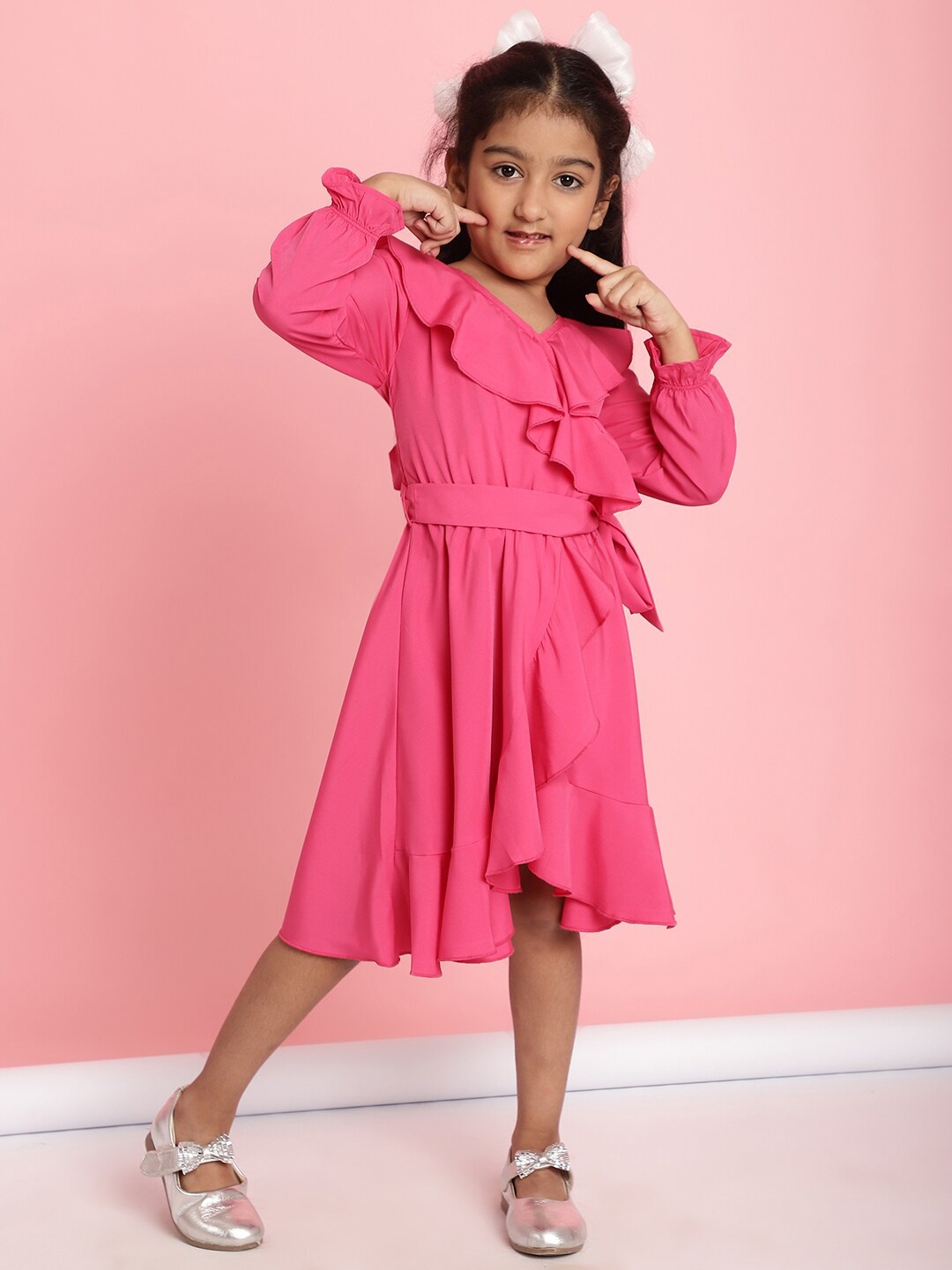 

MINI & MING Girls Peter Pan Collar Ruffled Crepe Fit & Flare Dress, Pink