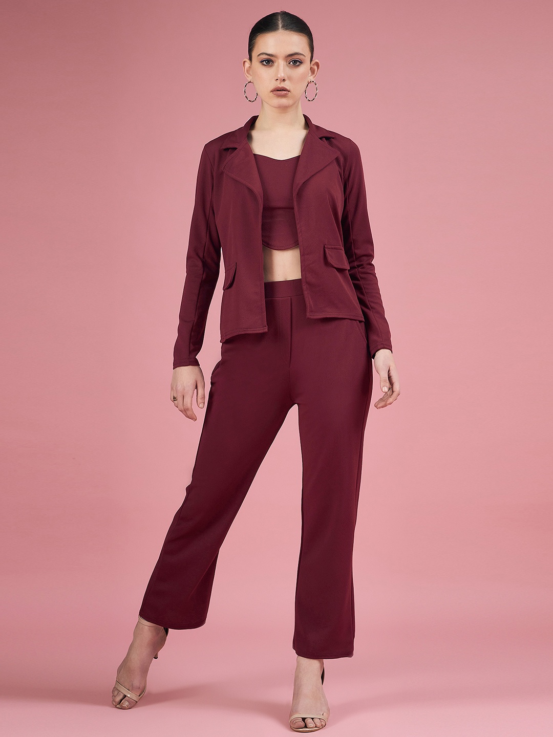 

DressBerry Purple Shoulder Straps Crop Top With Trouser & Blazer