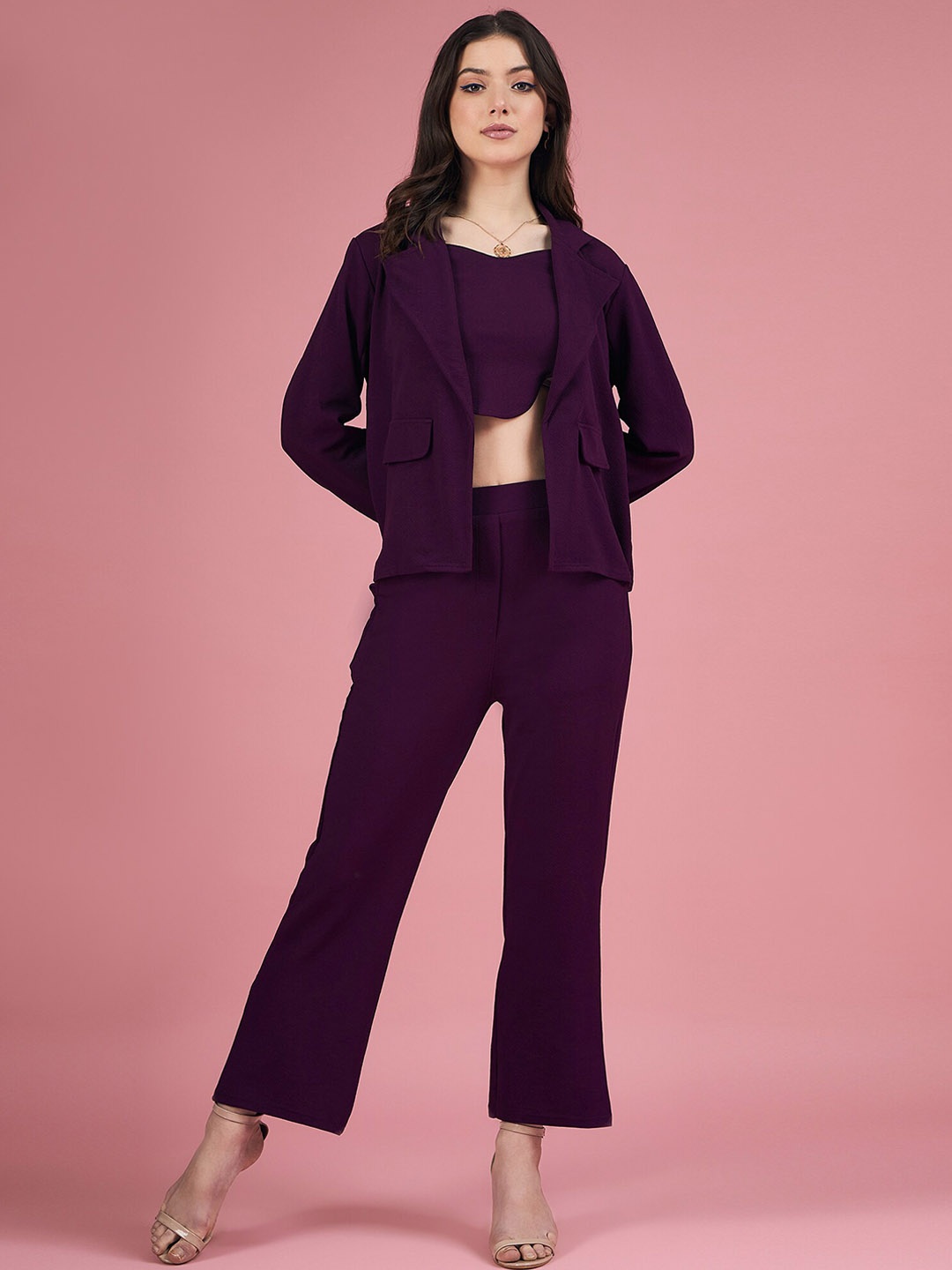 

DressBerry Purple Notched Lapel Long Sleeves Regular Fit Open Front Blazers