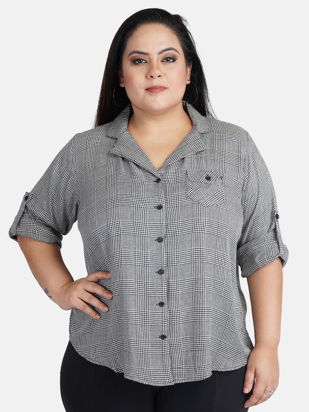 

Indietoga Plus Size Classic Checked Cuban Collar Roll-Up Sleeves Casual Shirt, Black