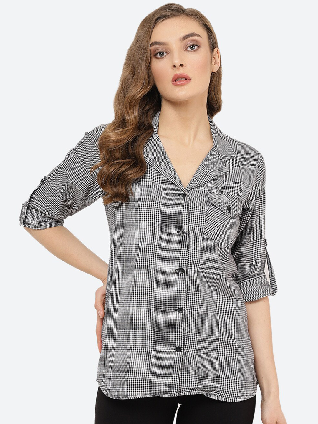 

Indietoga Classic Checked Cuban Collar Roll-Up Sleeves Casual Shirt, Black