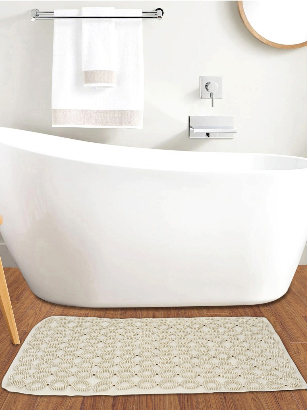 

FABINALIV Beige Geometric Anti-Skid Shower Mat with Suction Cups