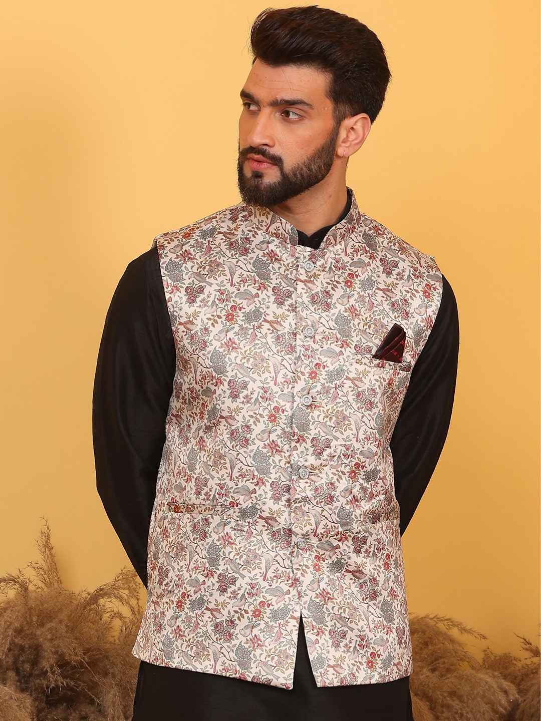 

Armaan Ethnic Floral Printed Nehru Jacket, Beige