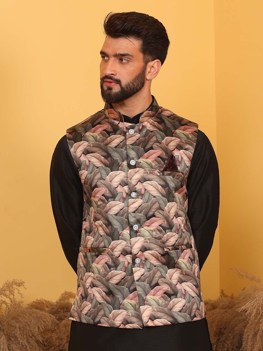 

Armaan Ethnic Printed Woven Nehru Jacket, Green