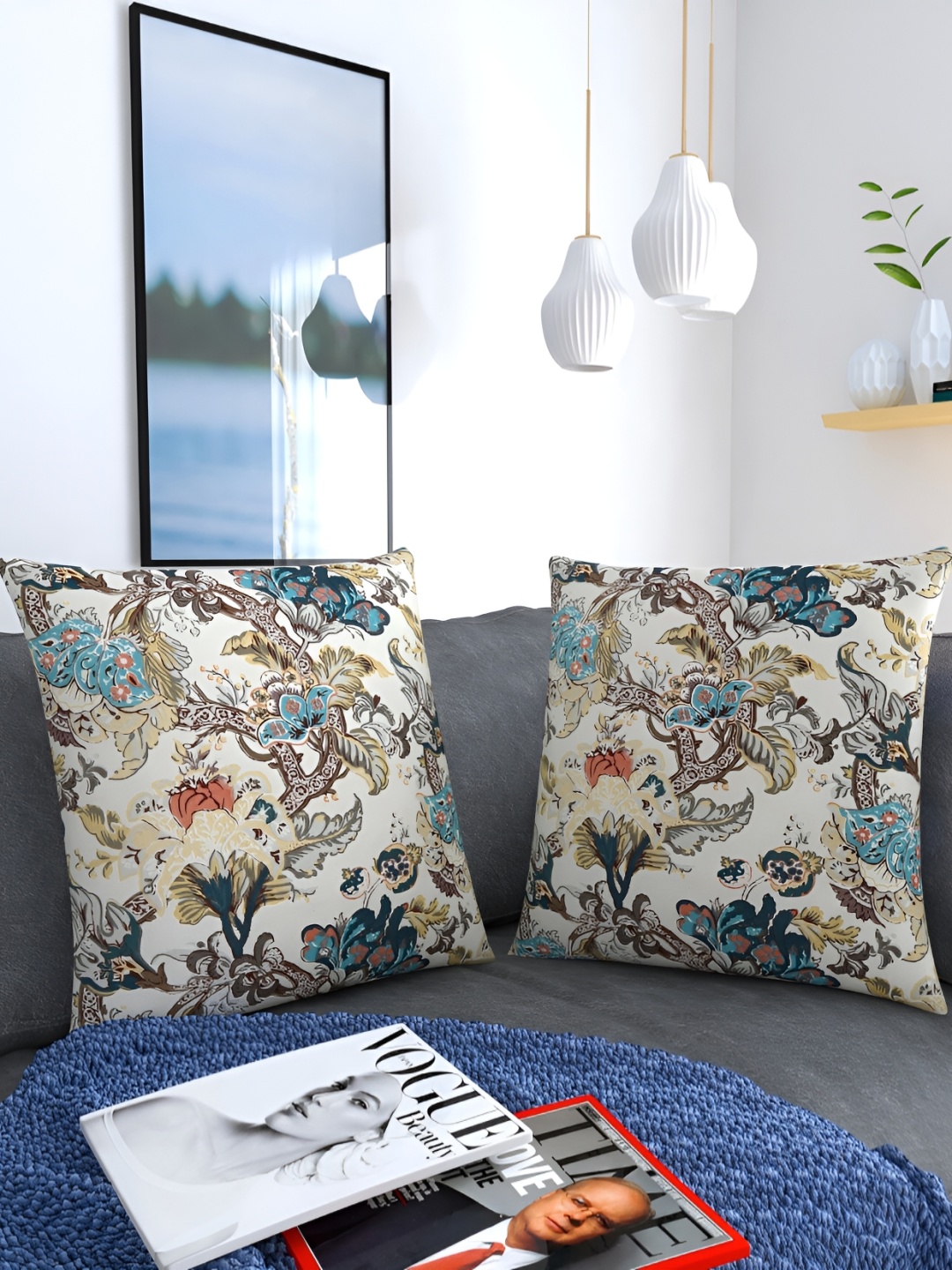 

MONKDECOR Beige & Blue 2 Pieces Floral Square Cushion Covers