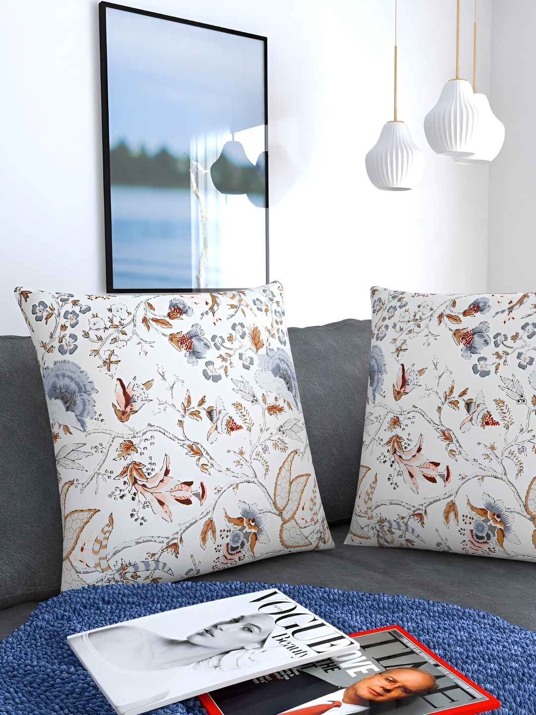 

MONKDECOR White & Brown 2 Pieces Floral Square Cushion Covers