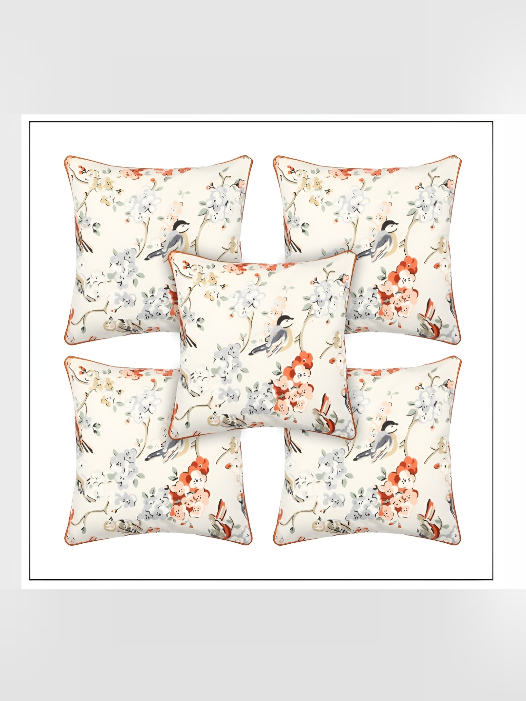

MONKDECOR Off White & Red 5 Pieces Floral Square Cushion Covers