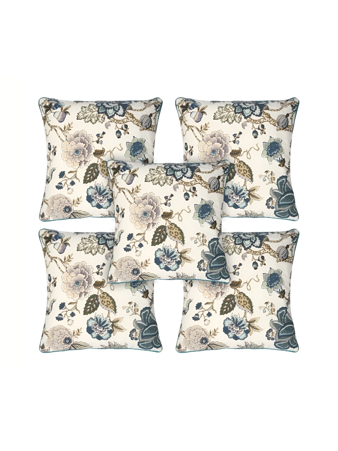 

MONKDECOR White & Brown 5 Pieces Floral Square Cotton Cushion Covers
