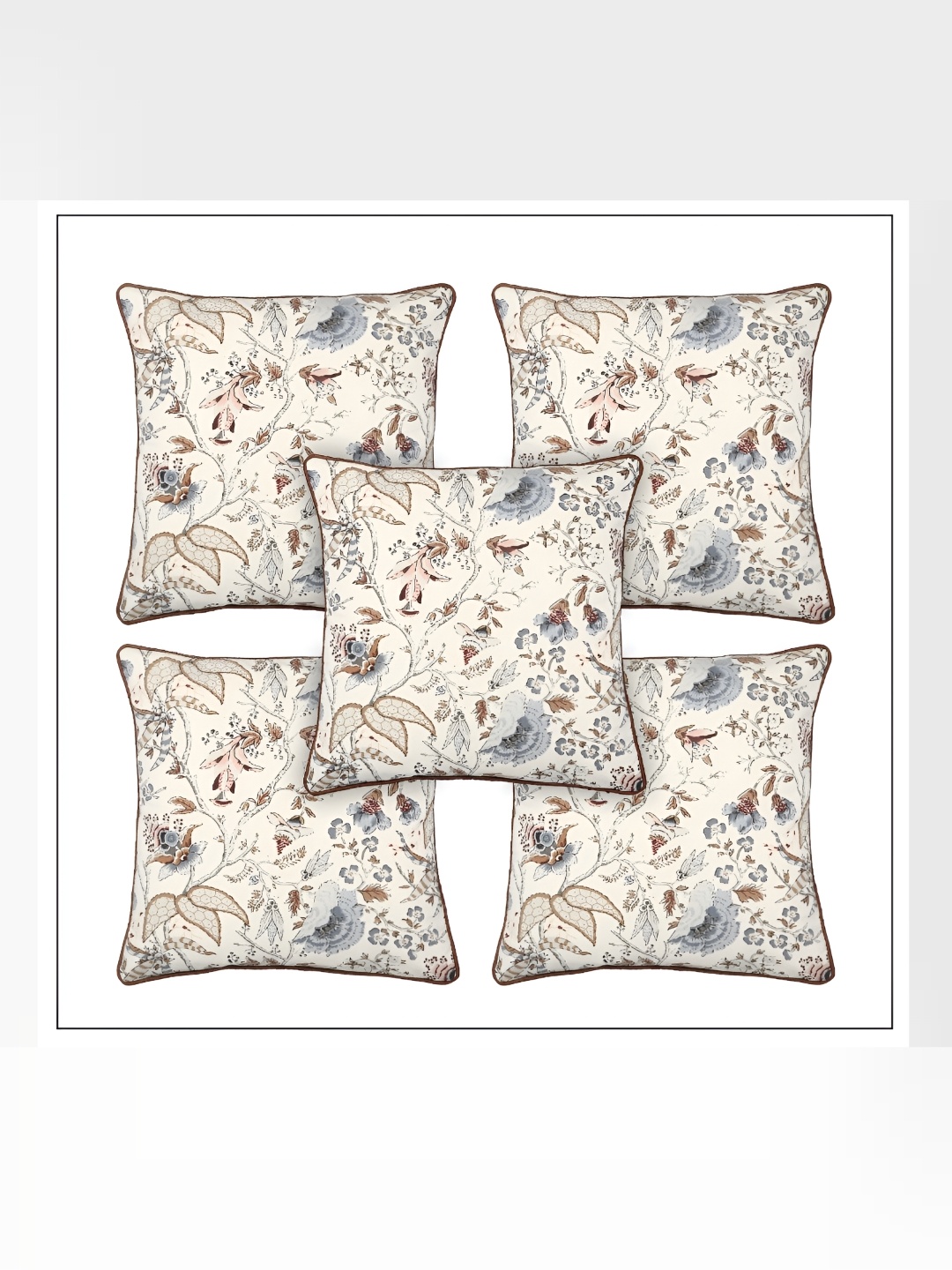 

MONKDECOR White & Grey 5 Pieces Floral Square Cushion Covers